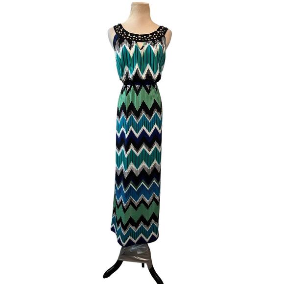 AB Studio blue green zig zag print sleeveless maxi dress size Small - Picture 1 of 11